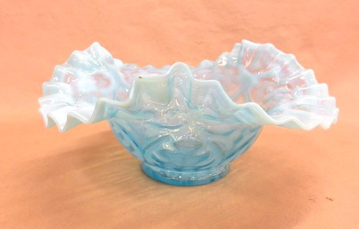 Blue opalescent ruffled edge bowl