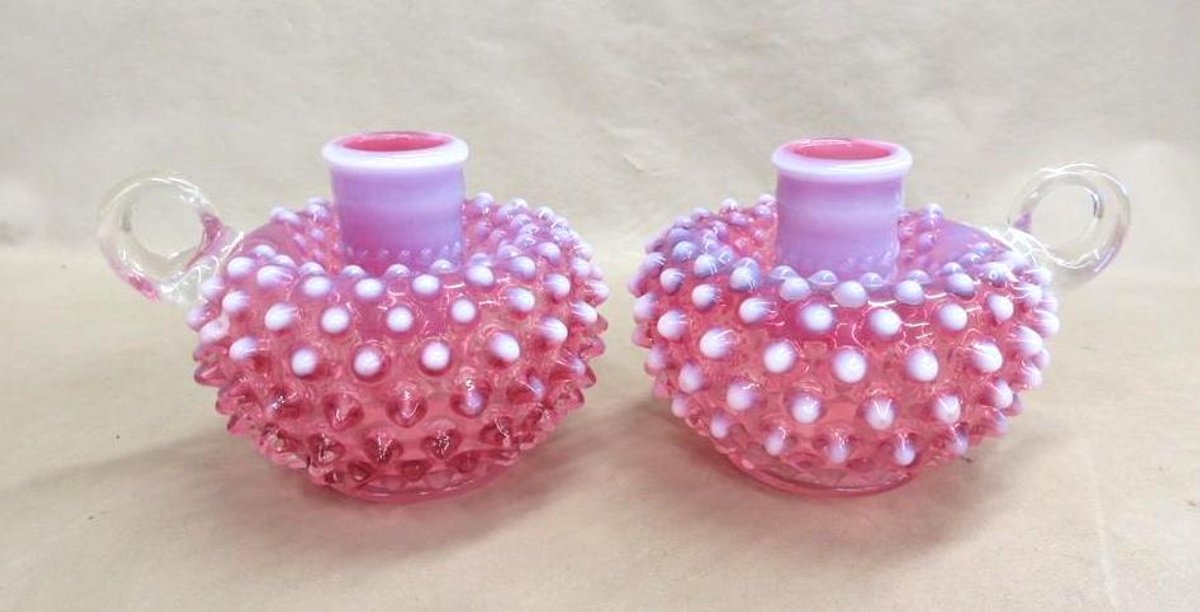 Cranberry hobnail opalescent glass candle sticks