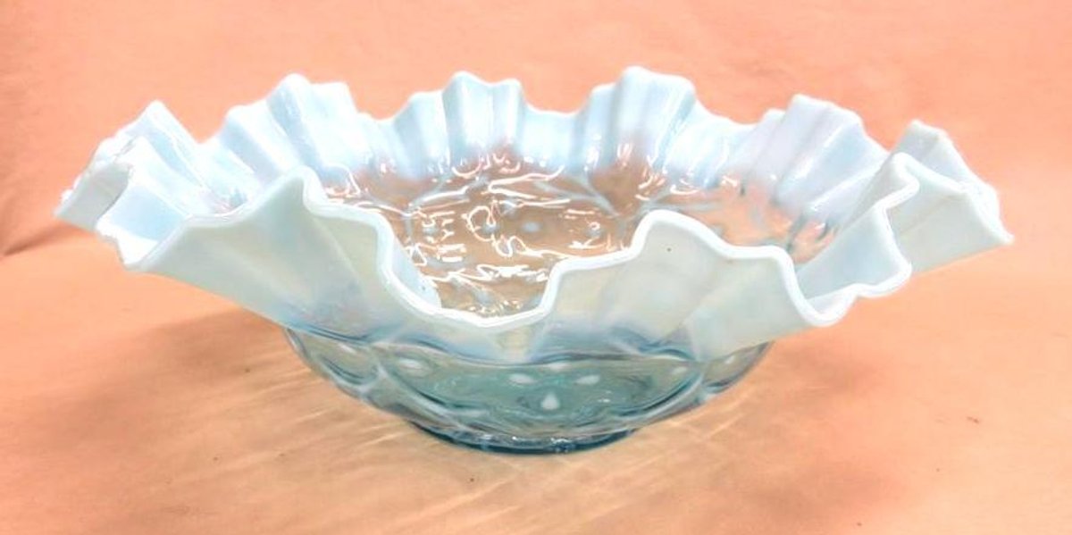 Blue opalescent glass ruffled edge bowl