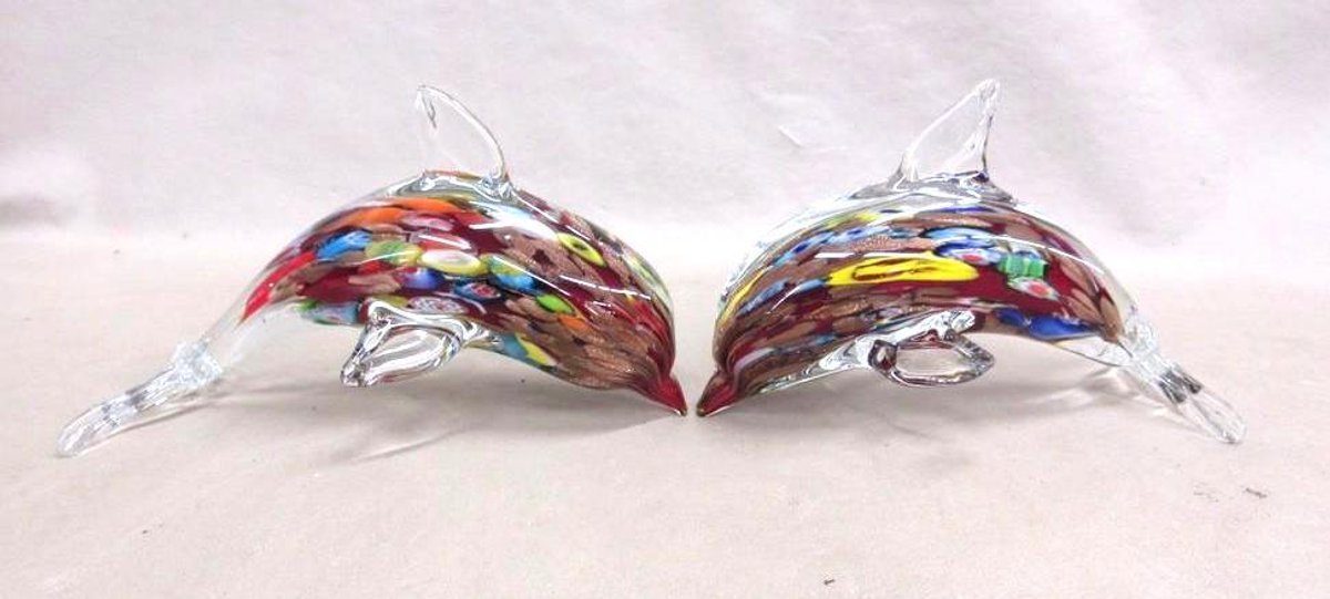 (2) Art glass dolphin figurines