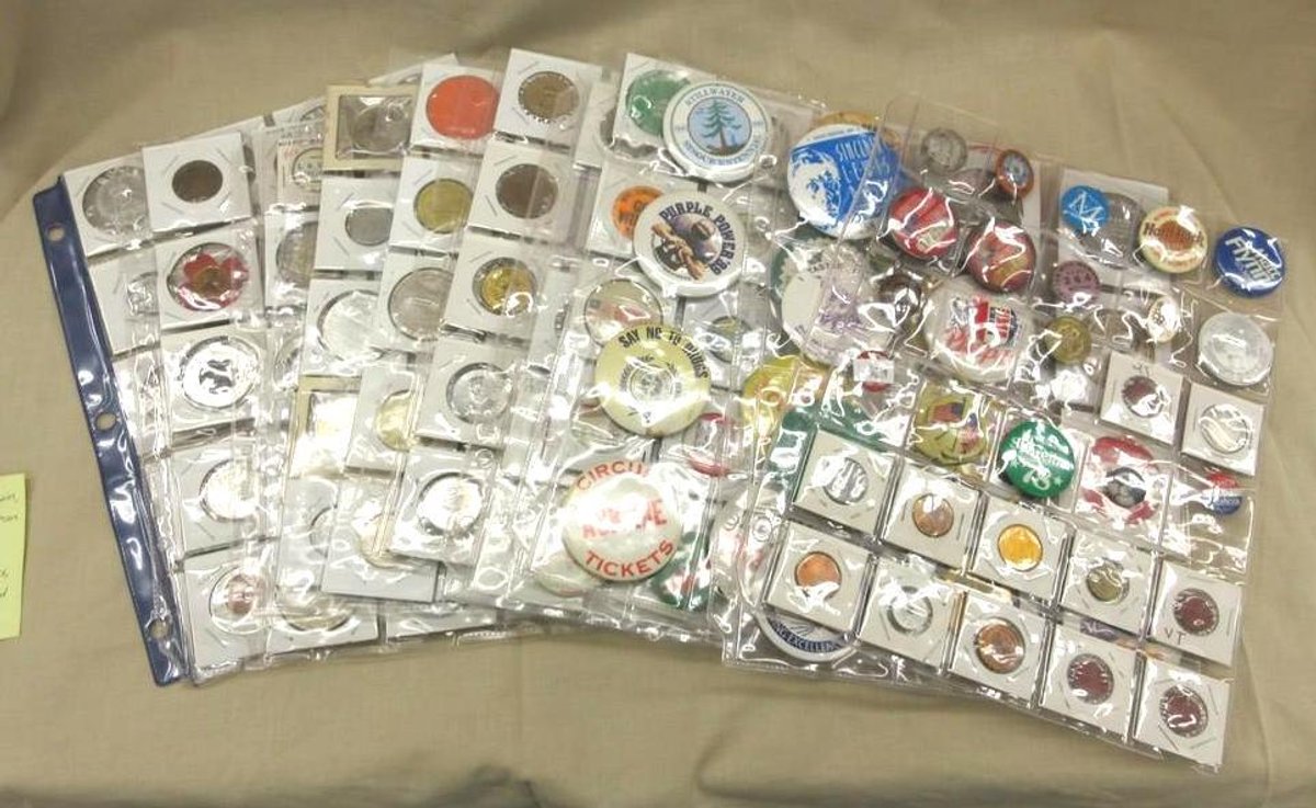 Group of pinback buttons, coin and token collection