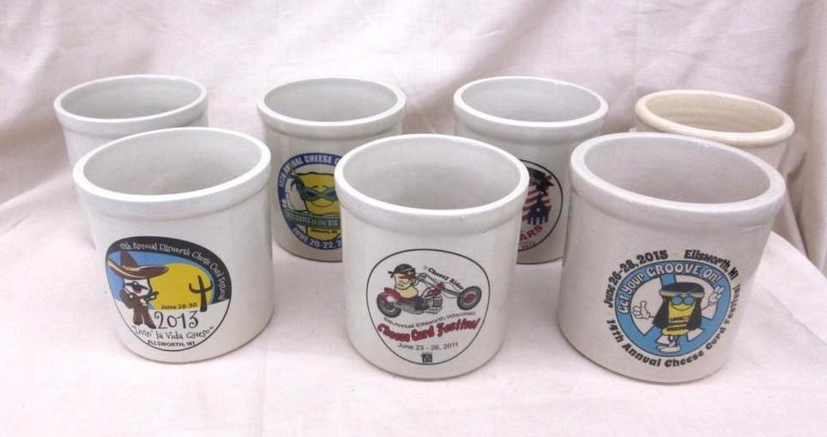 (7) Commemorative Red Wing Stoneware Ellsworth Cheese Curd Festival crocks