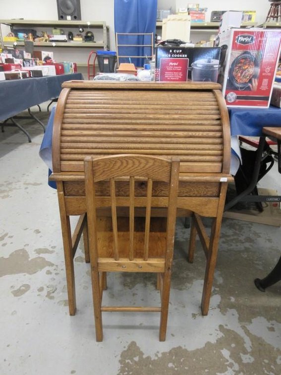 Oak child's roll top desk and chair
