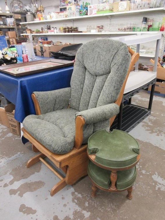 Upholstered glider/rocker with 2 foot stools