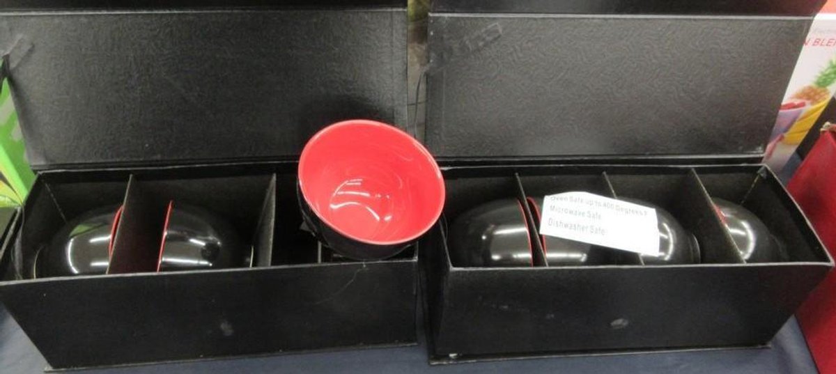 (2) Boxes of ceramic cups, black with red inner