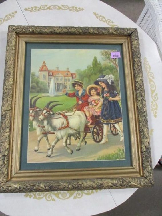 Framed antique lithograph print in Victorian wood frame
