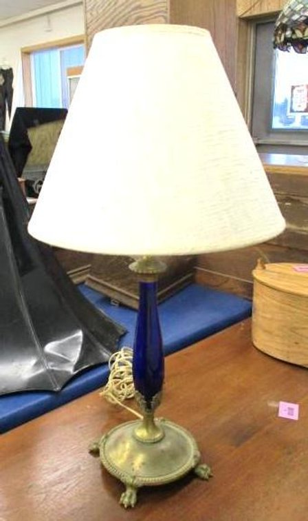 Antique brass and cobalt glass table lamp