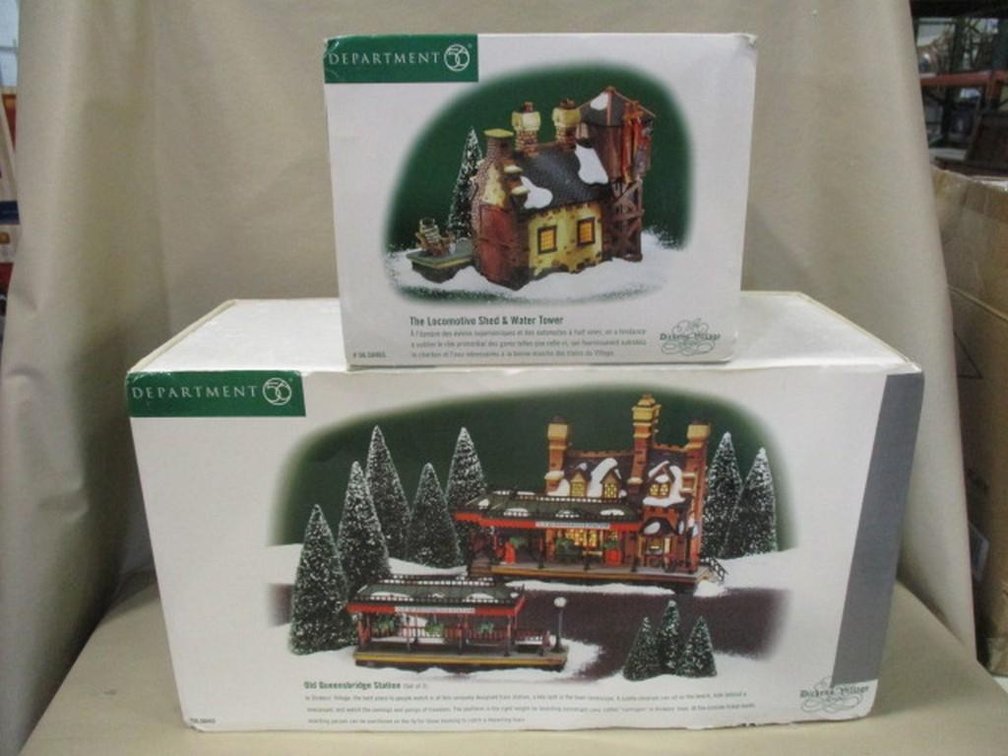 (2) Dept 56-The Locomotive Shed and Water Tower & Old Queen bridge Station in box