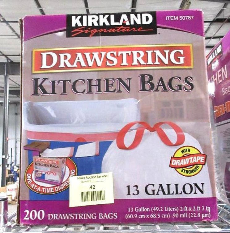 Box of Kirkland 13-gallon kitchen draw string bags