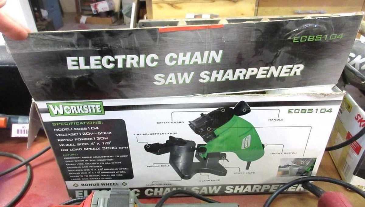Worksite electric chain saw sharpener