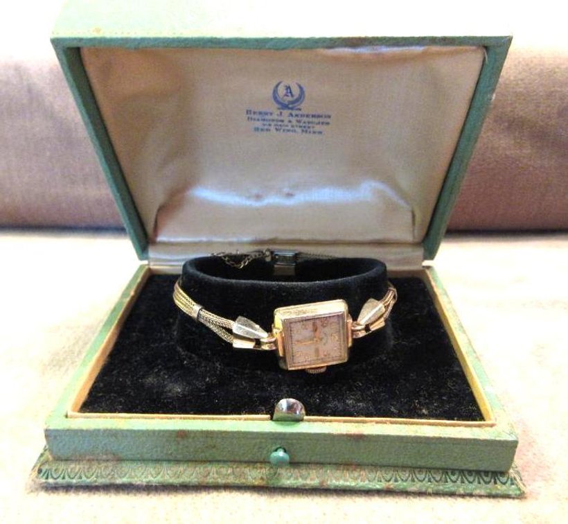 Lady Elgin 14K yellow gold watch with monogrammed back
