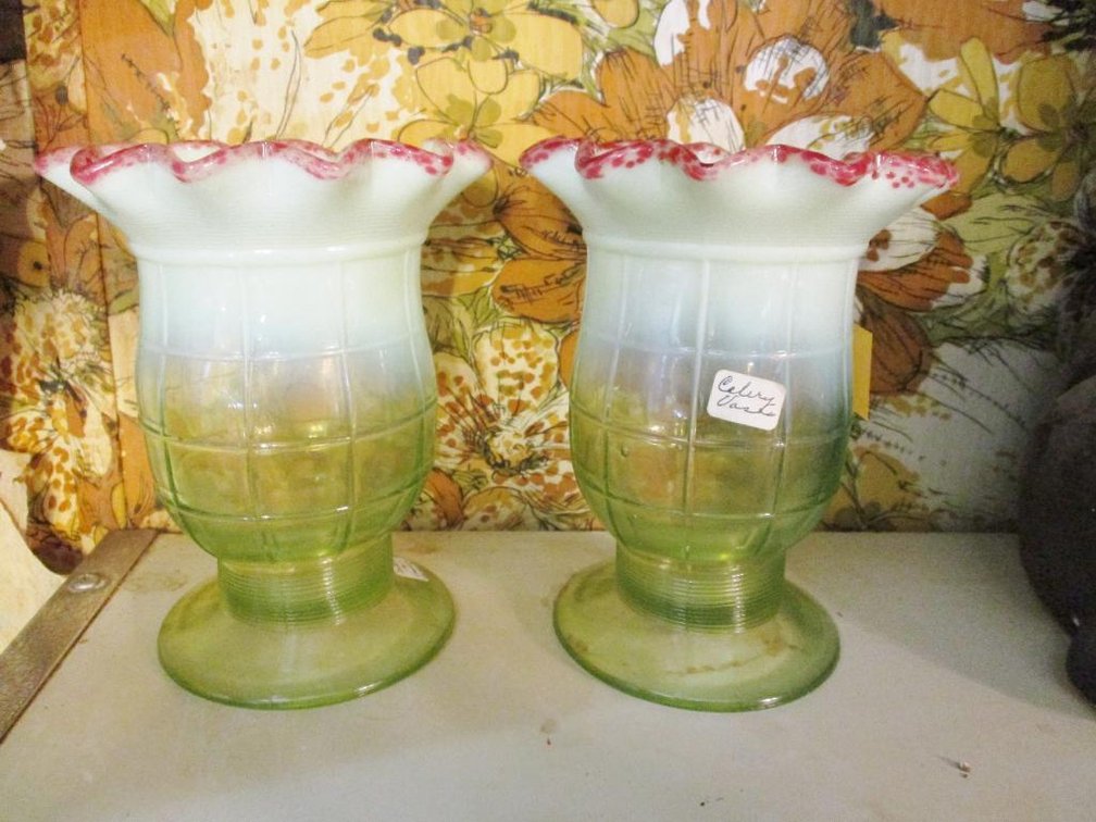 (2) Antique vaseline celery vases