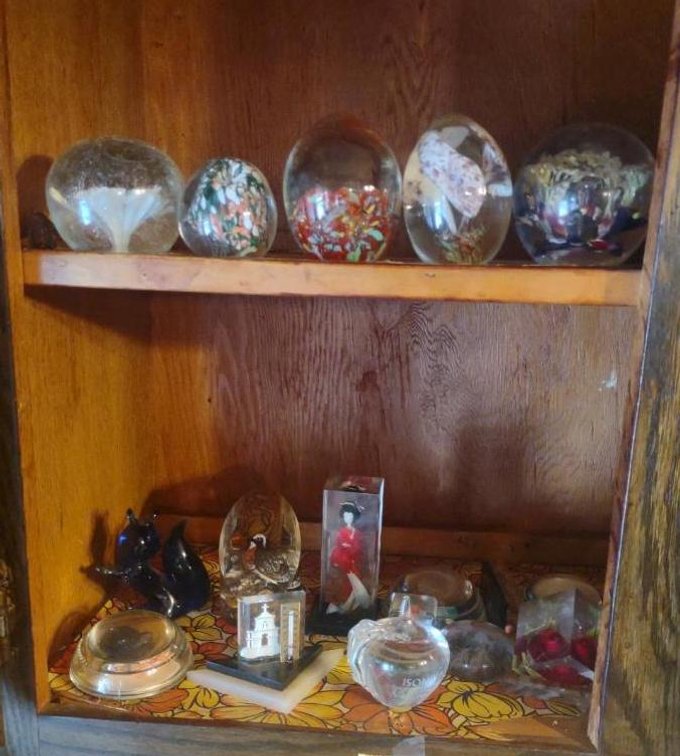 (2) Shelves of acrylic and glass paperweights