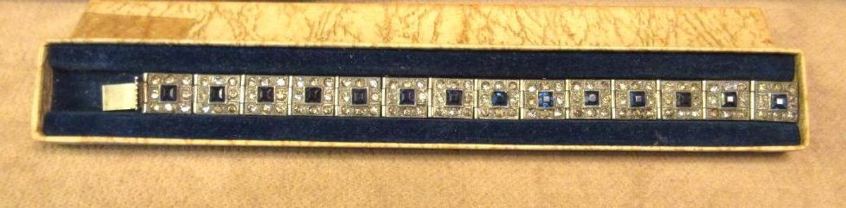 Antique heavy silver toned bracelet with clear and blue stones
