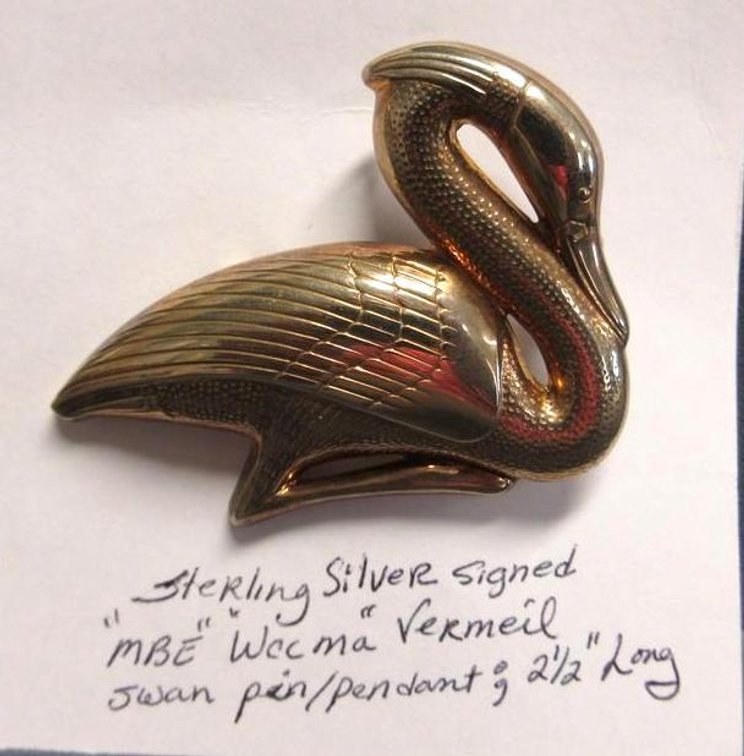 Sterling silver signed "MBE" Welma vermeil Swan pin/pendant