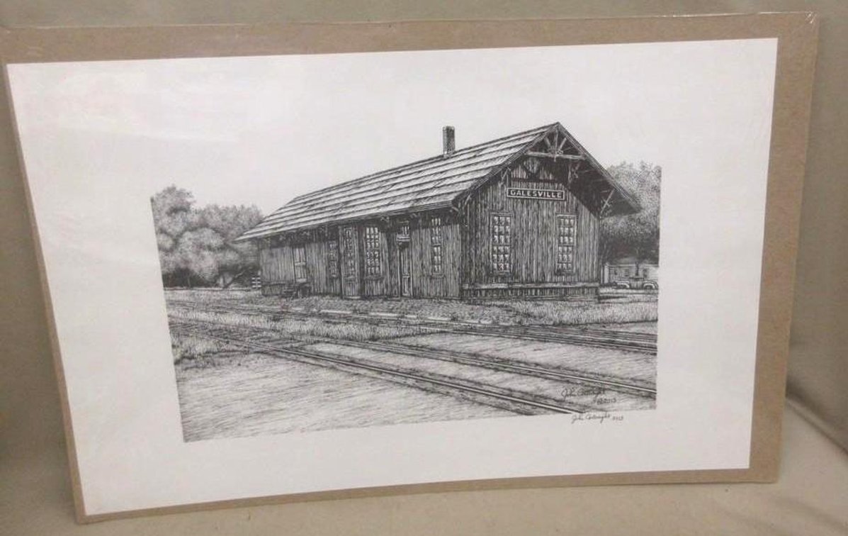 John Cartright 2013 pencil signed pencil drawing of Galesville depot