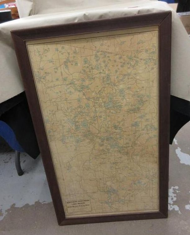 Vintage Northern Wisconsin Lake Region Chicago, Milwaukee and St. Paul Railway framed map
