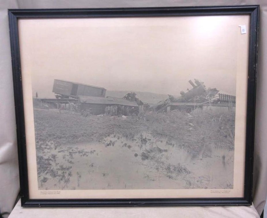Vintage Mineral Point Northern Train wreck at Lawinger's Meadow framed photo