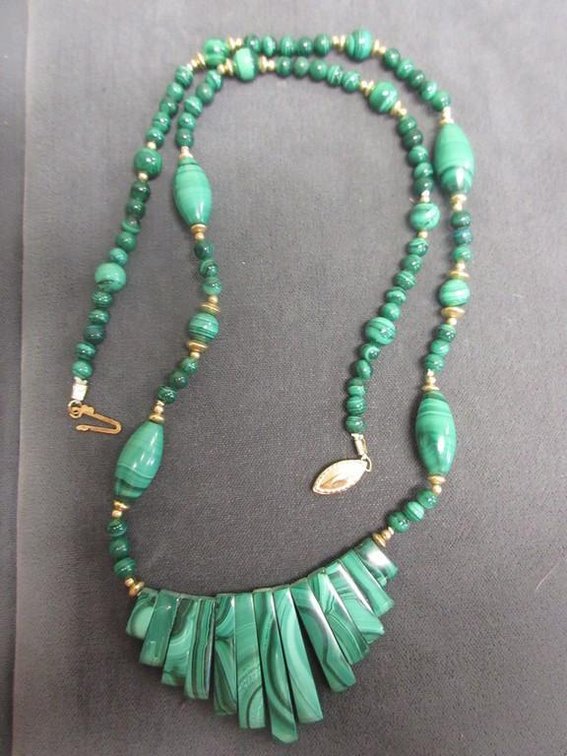 Malachite fringe necklace with 14k gold filled clasp