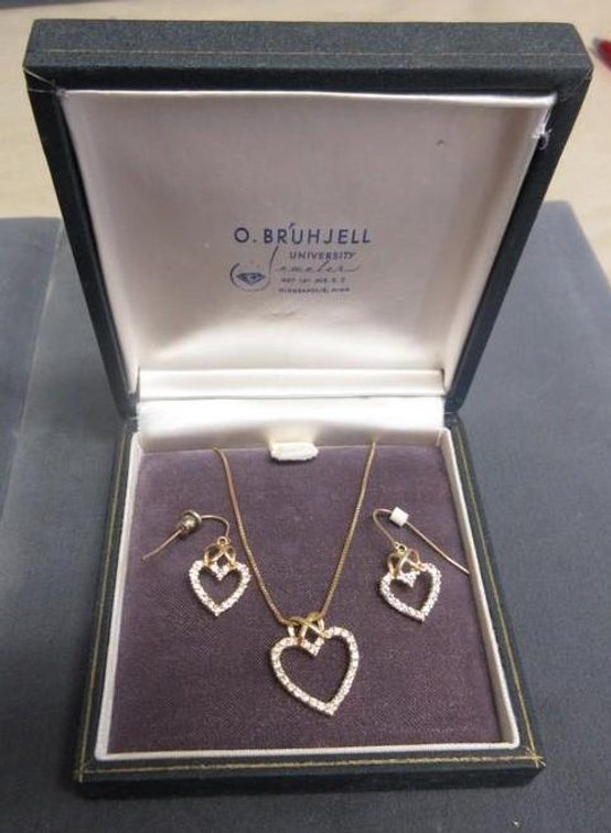 925 silver overlay heart necklace and dangle earring set with cz accent stones