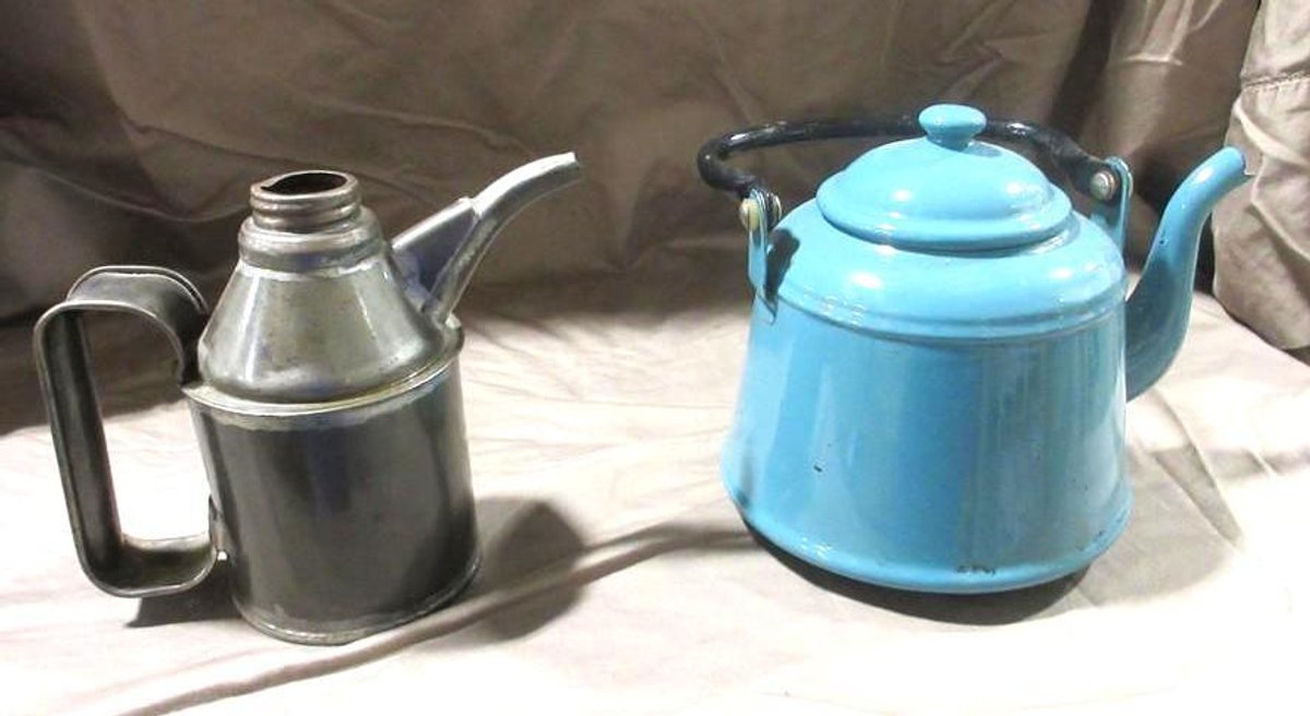 Enamelware teapot and Urban oil can
