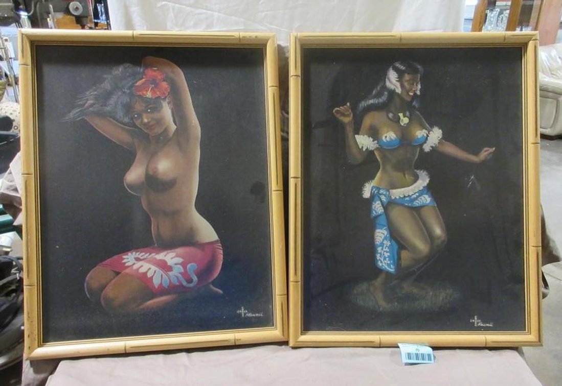 (2) Vintage Cross Hawaii Native woman prints in frames