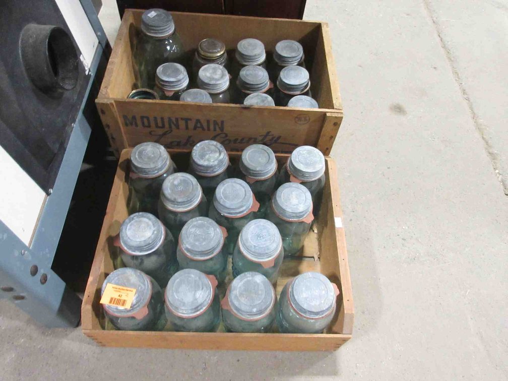 (2) Wood crates of blue glass canning jars
