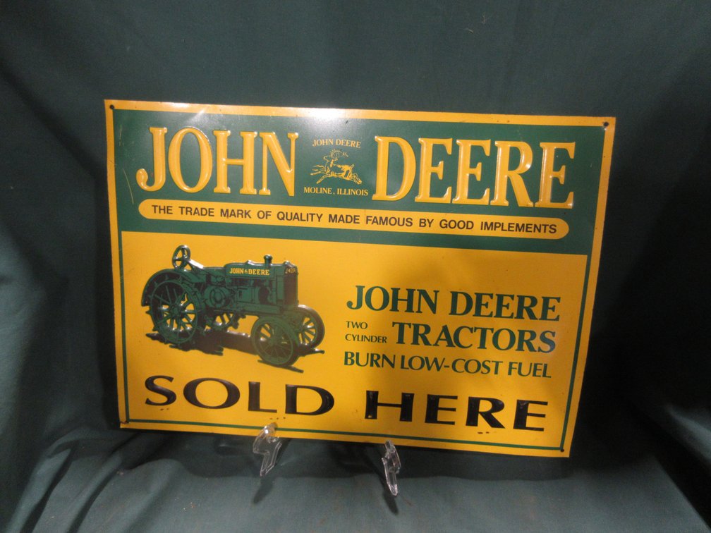 Pressed metal John Deere 2-cylinder tractor sign