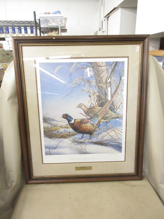 Framed, signed, and numbered James A. Meger "Uninvited Guests-Ring-necked Pheasants" print