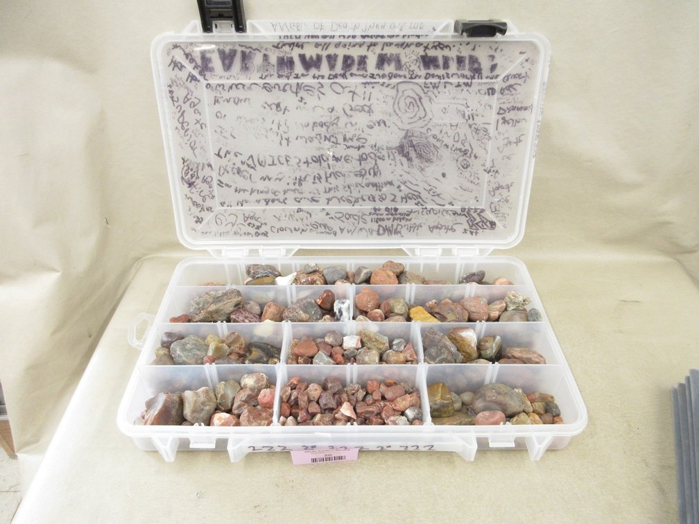 14" Plastic case with contents of stones and agates