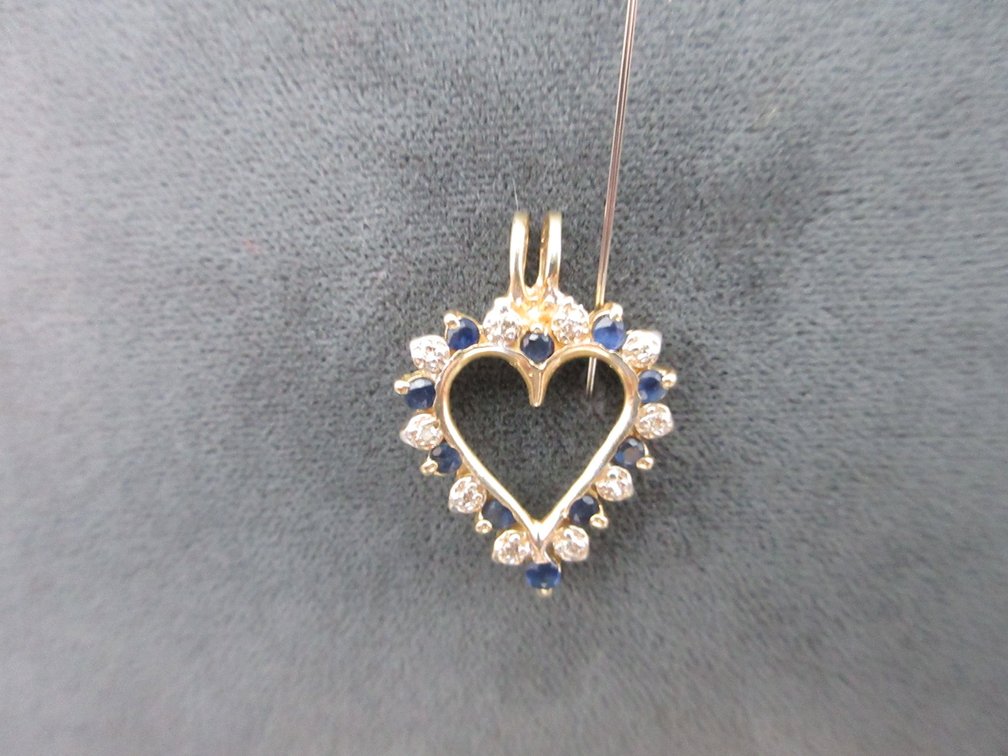 Marked back Heart pendant with blue sapphire and diamond chips