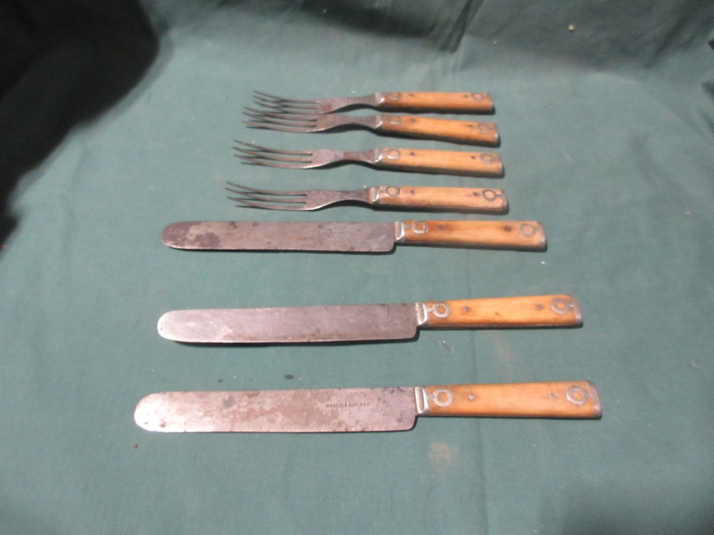(7) Bone handled Hanover cutlery Civil War Era 3 tined forks and table knives