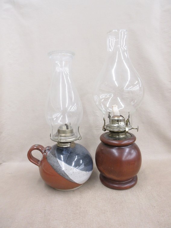 (2) Oil lamps with stoneware bases
