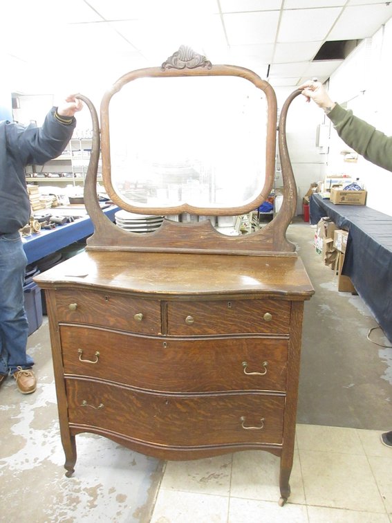 Antique oak curve-front dresser with wish-bone mirror