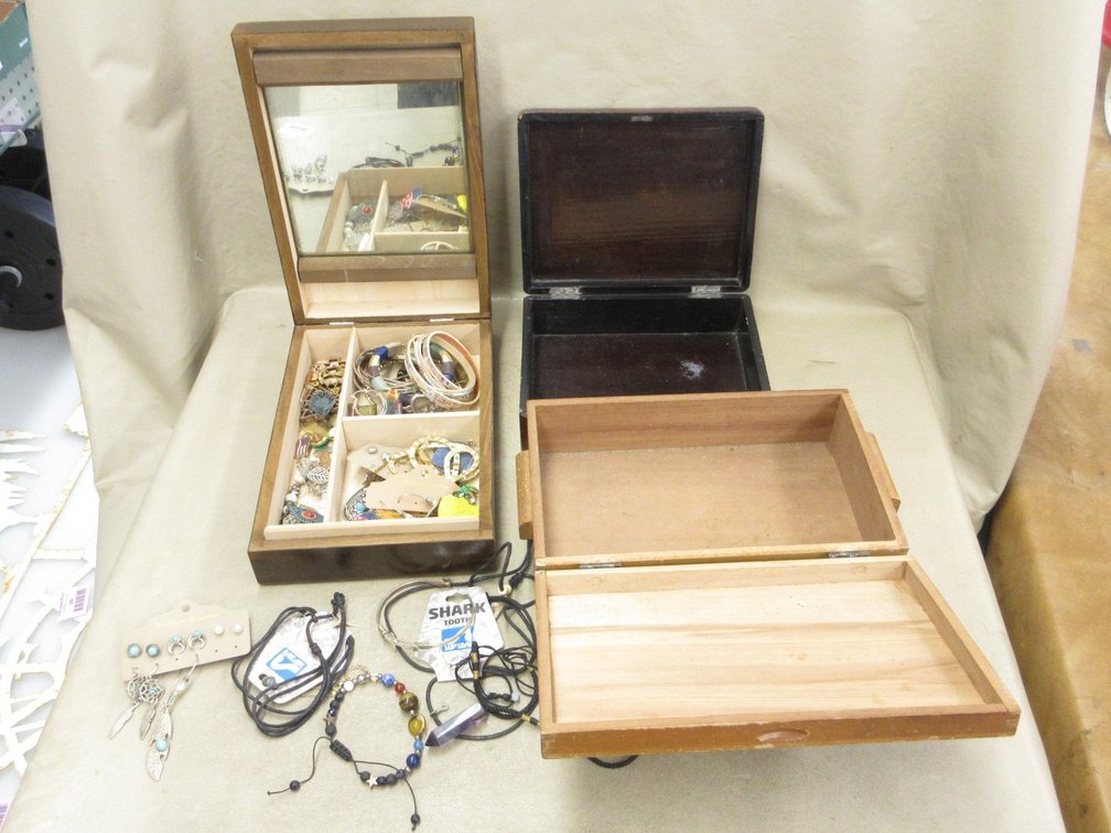 (3) Wood jewelry boxes up to 9.5"L, with contents of costume jewelry