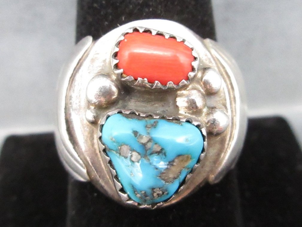 Native American Sterling Silver Turquoise and coral ring