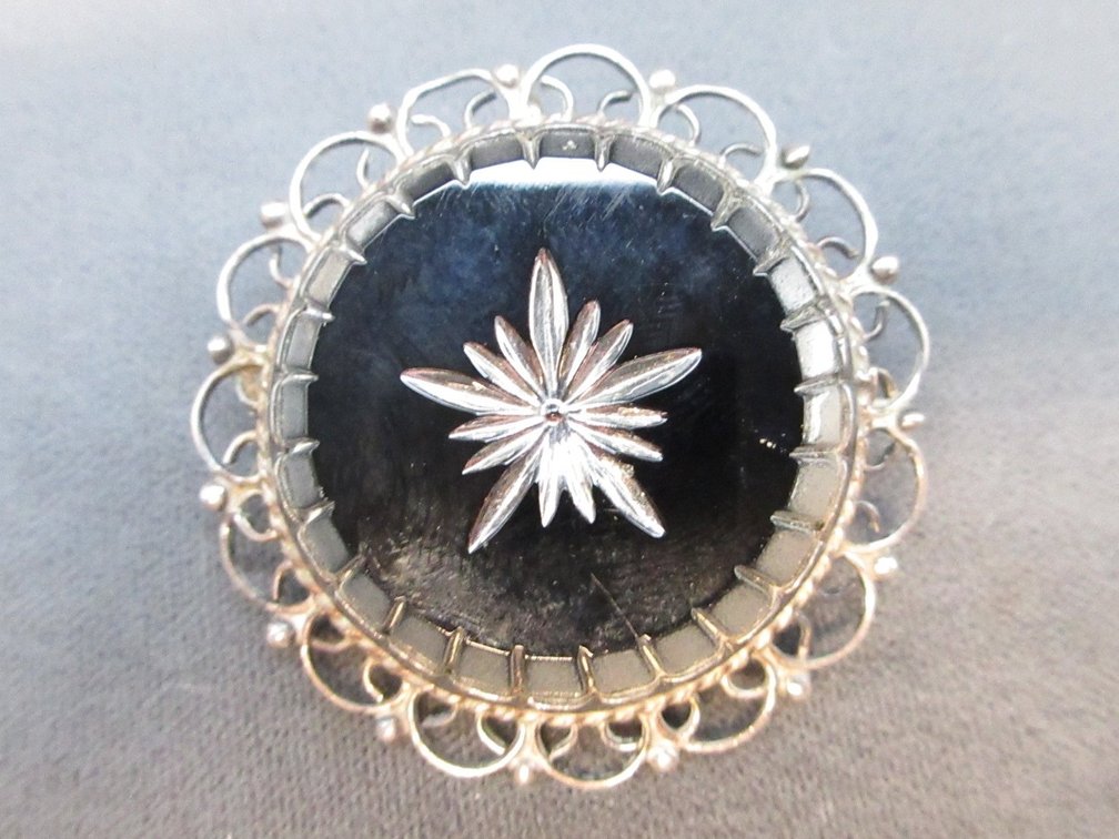 Cut black glass sterling silver pendant pin