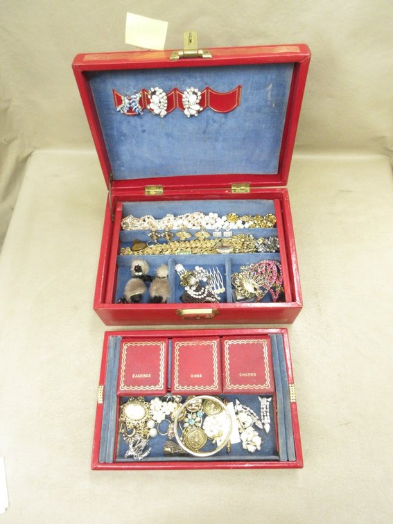 10" Vintage jewelry box with lift-out tray and contents of costume jewelry