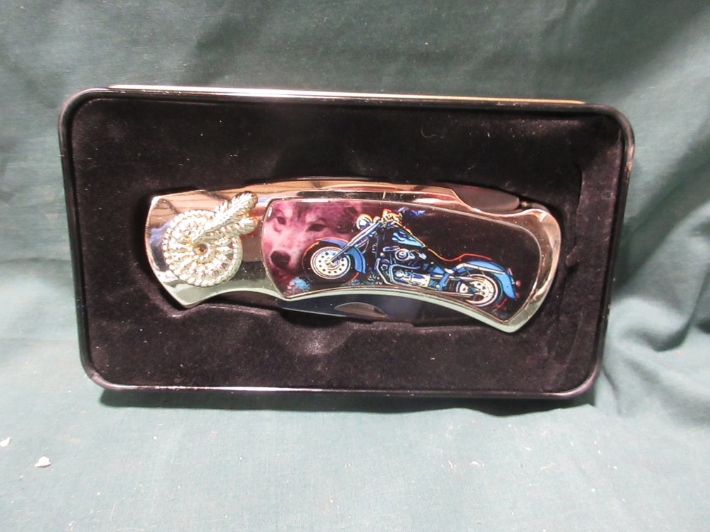 Motorcycle collector knife in tin