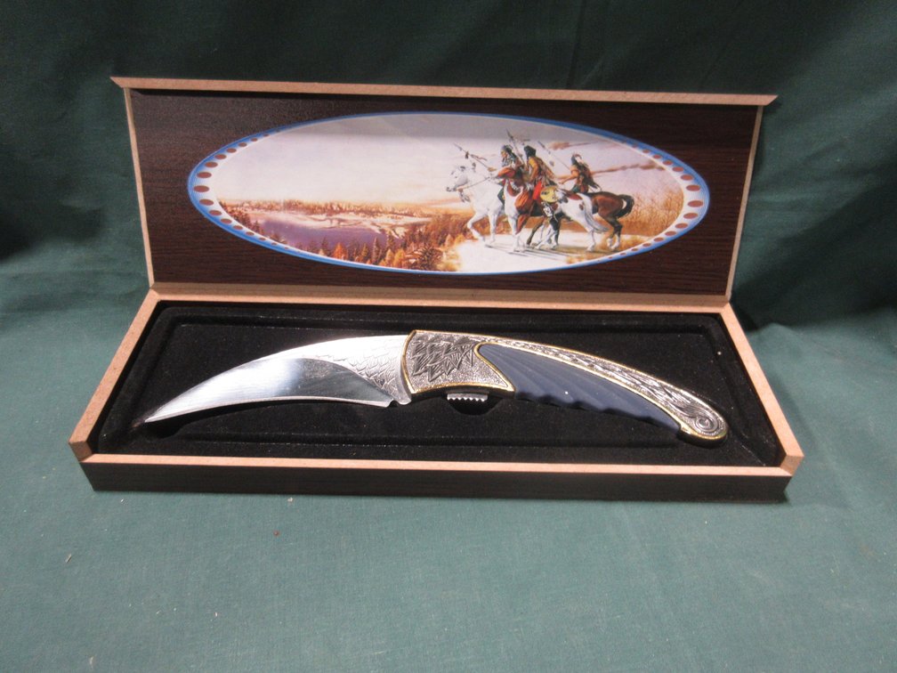 Native American scene collector folding knife in wood box