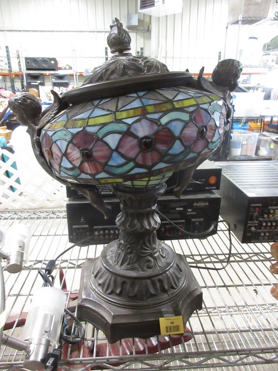 Cast metal and stained glass lamp