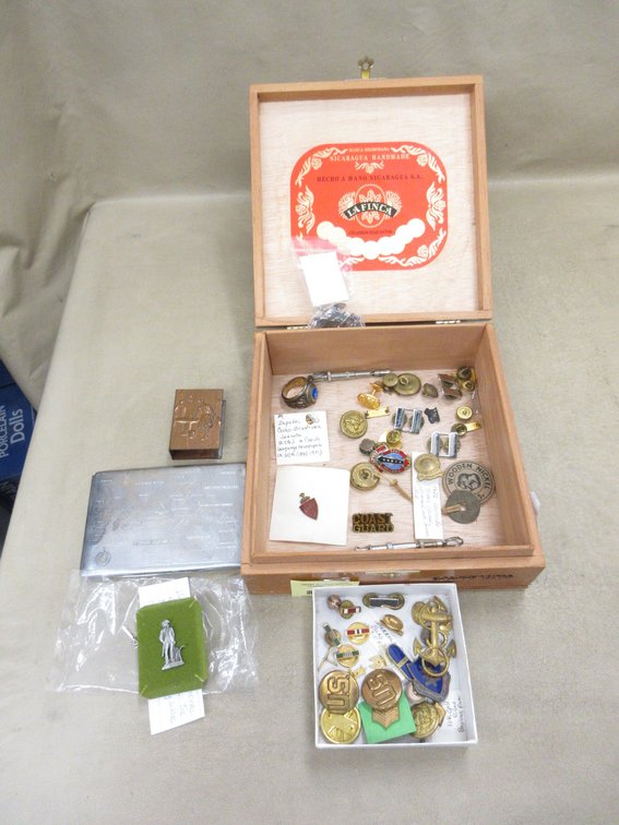 7.5"W Wood cigar box with contents
