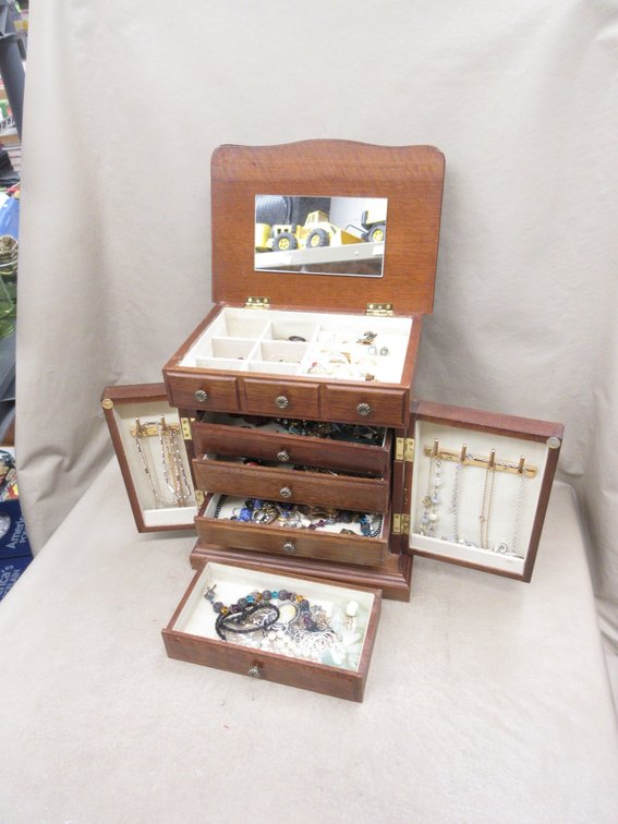 10.25"H Wood jewelry chest with contents of costume jewelry