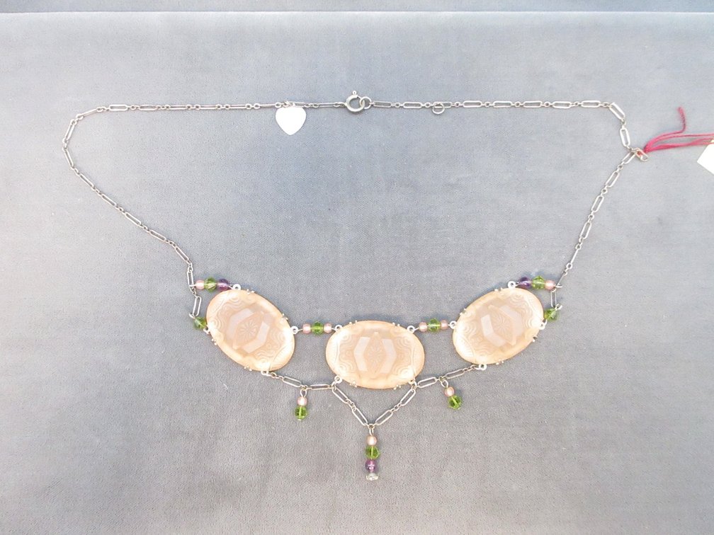 .925 Silver Lucy Isacs necklace with carved peach glass stones