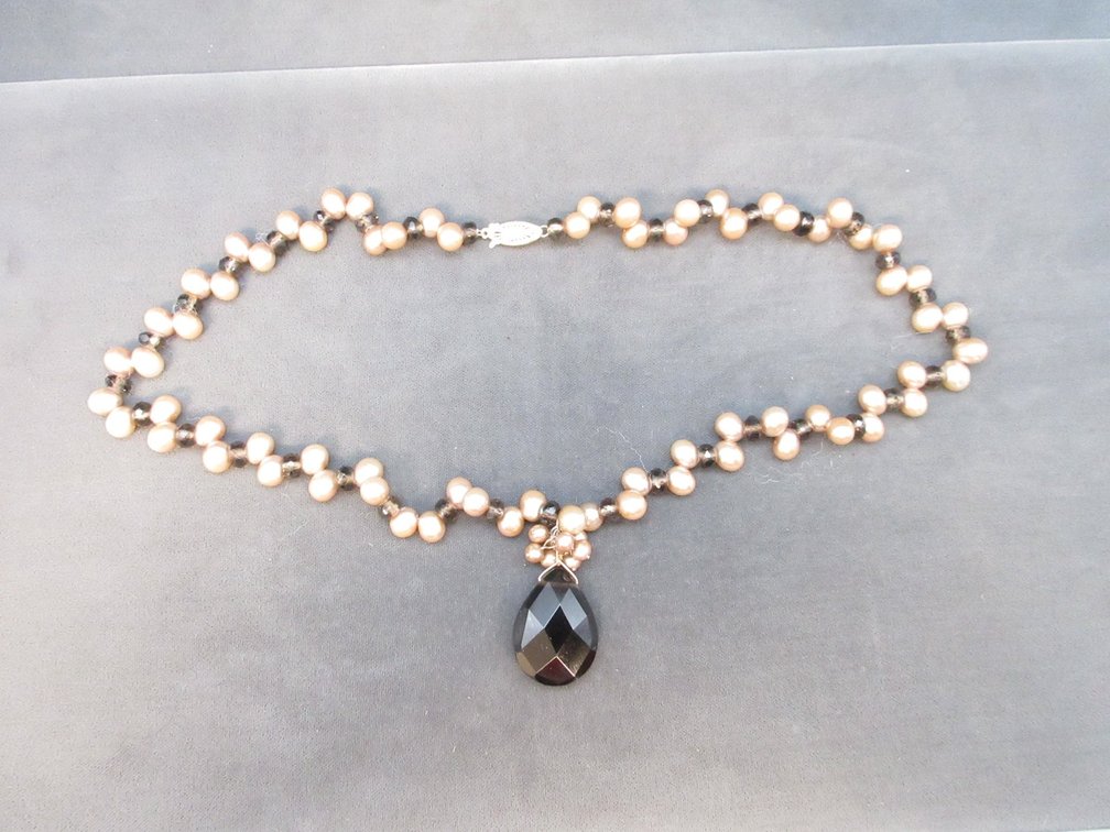 Pearl and smoky quartz necklace with 14K clasp