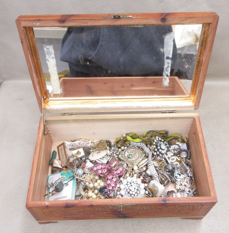 10.5"W Antique chest with contents of costume jewelry