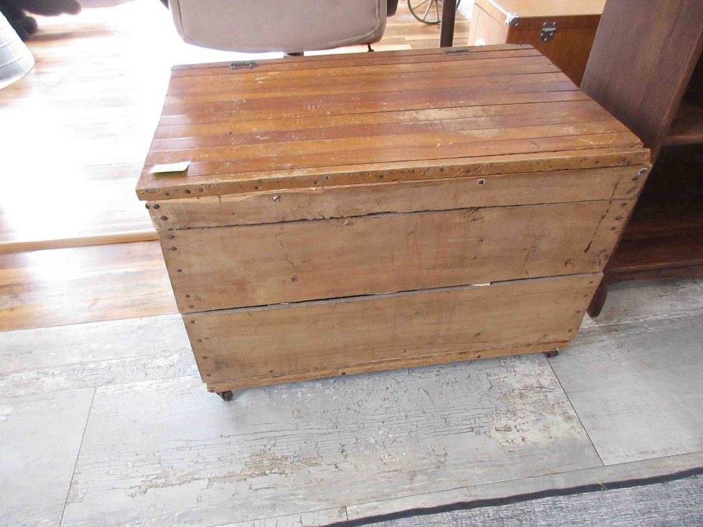 Antique rolling wood crate with wainscot top