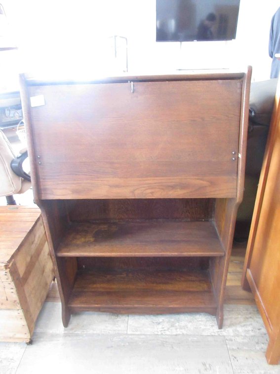 Antique oak drop front secretary shelf cabinet