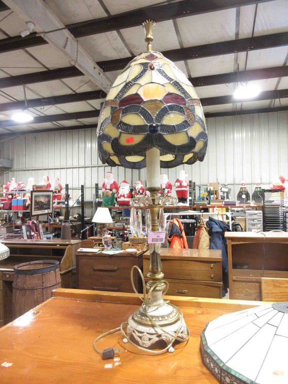 Heavy cast lamp with stained glass shade