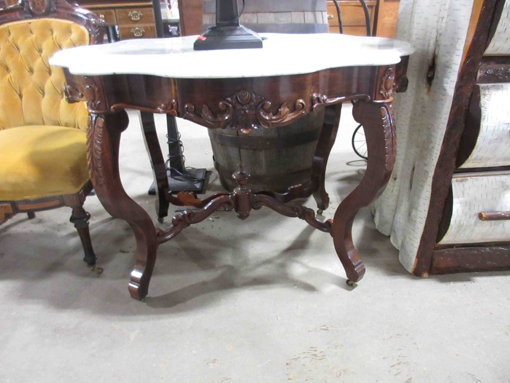 Victorian Rococo carved walnut table with marble top